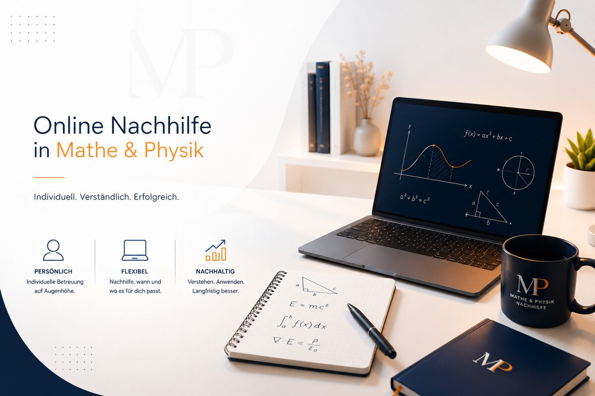 Online Nachhilfe Mathe und Physik – Laptop mit Formeln, Notizbuch und Schreibtischlampe