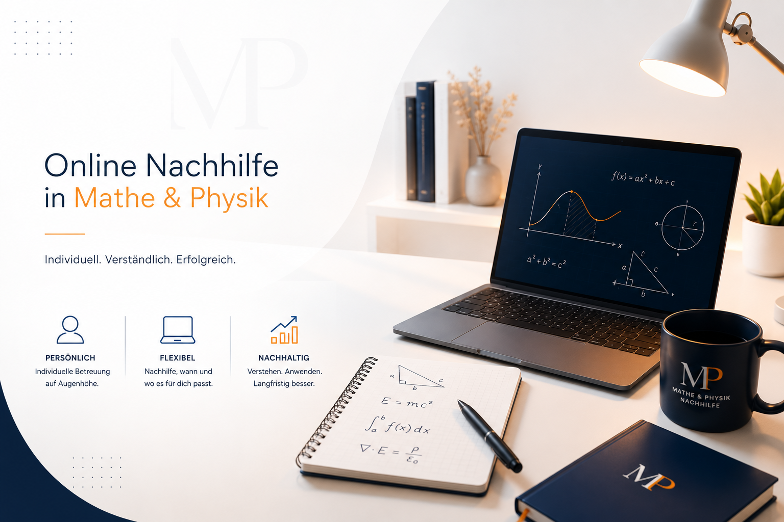 Online Nachhilfe Mathe und Physik – Laptop mit Formeln, Notizbuch und Schreibtischlampe